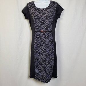 Andrea Missy Black Lace Panel Sheath Dress Size M Cap Sleeve Fitted Work Cocktai